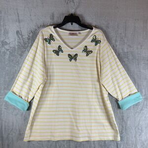 Quacker Factory Womens Top Butterfly Yellow Striped Flip Cuff Turquoise Shirt 2X